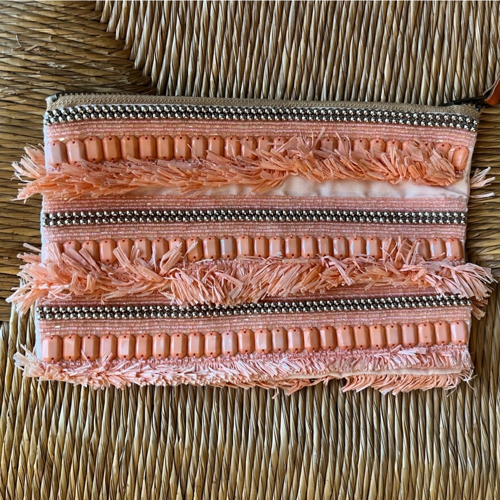 Anthropologie Bariza Beaded Fringe Clutch Bag Pouch - Peach
